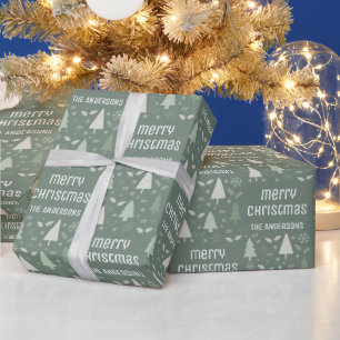 Christmas Custom Family Name Sage Green Wrapping Paper