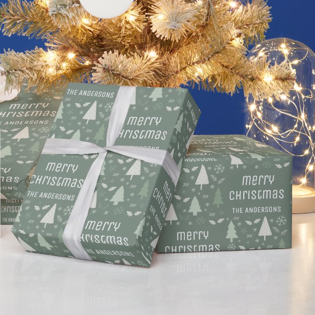 Christmas Custom Family Name Sage Green Wrapping Paper (Holidays)