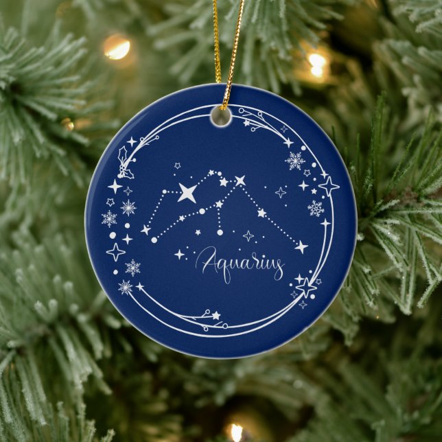 Christmas Custom Name Aquarius Zodiac Blue Silver Ceramic Ornament (Tree)