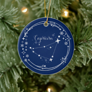 Christmas Custom Name Capricorn Zodiac Blue Silver Ceramic Ornament