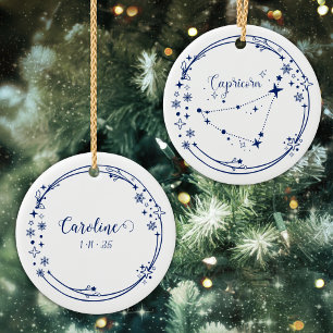 Christmas Custom Name Capricorn Zodiac Sign Blue Ceramic Ornament