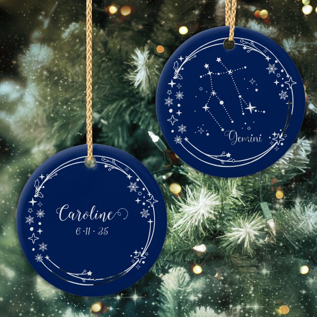 Christmas Custom Name Gemini Zodiac Blue Silver Ceramic Ornament (Creator Uploaded)