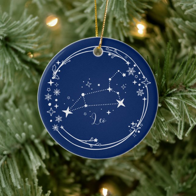 Christmas Custom Name Leo Zodiac Blue Siver Ceramic Ornament (Tree)
