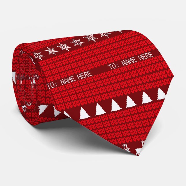 Christmas Custom Name Red White Knitted Sweater Neck Tie (Rolled)