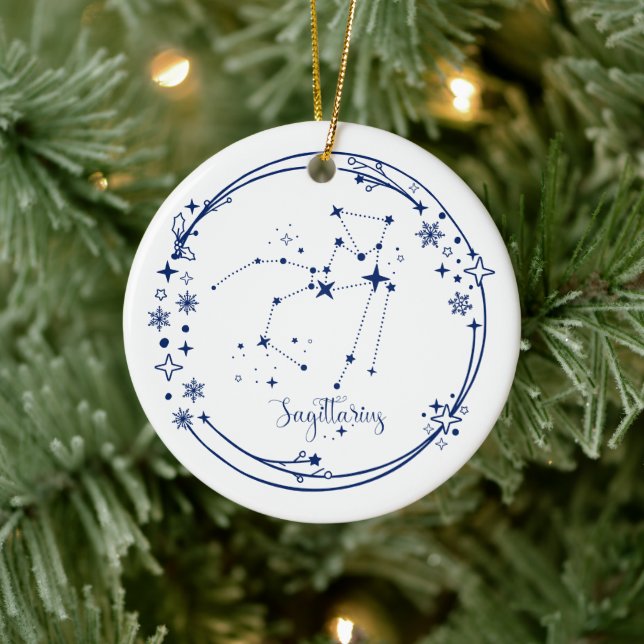 Christmas Custom Name Sagittarius Zodiac Sign Blue Ceramic Ornament (Tree)