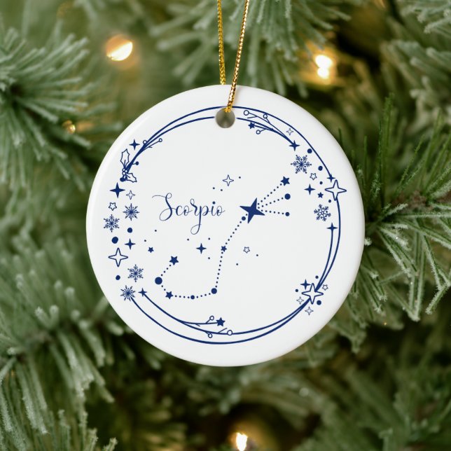 Christmas Custom Name Scorpio Zodiac Sign Blue Ceramic Ornament (Tree)