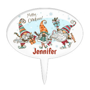 Christmas Custom Name Watercolor Elf Gnome Cake Topper