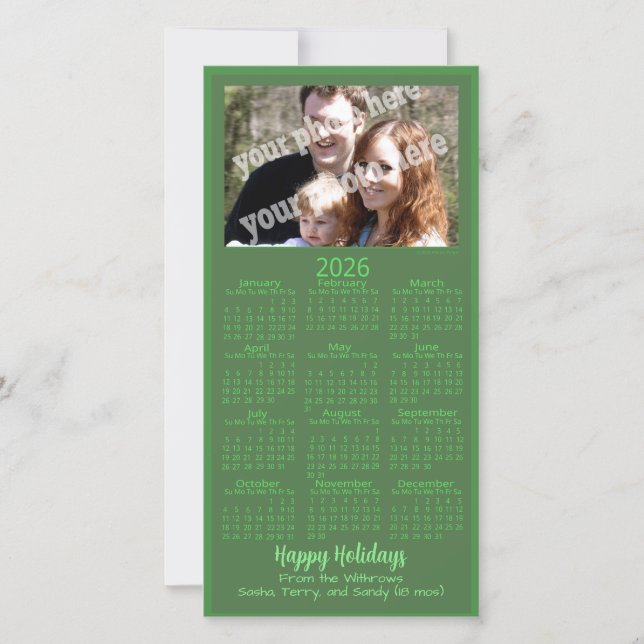 Christmas Custom Photo 2026 Calendar Green Holiday Card (Front)