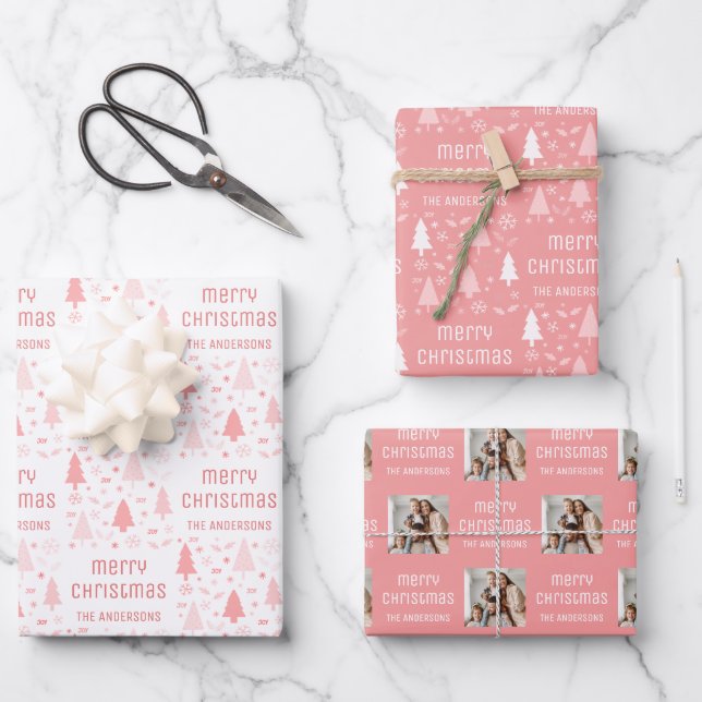 Christmas Custom Photo Family Name Blush Pink Wrapping Paper Sheets (Front)