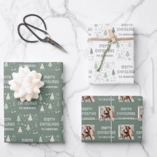 Christmas Custom Photo Family Name Sage Green Wrapping Paper Sheets