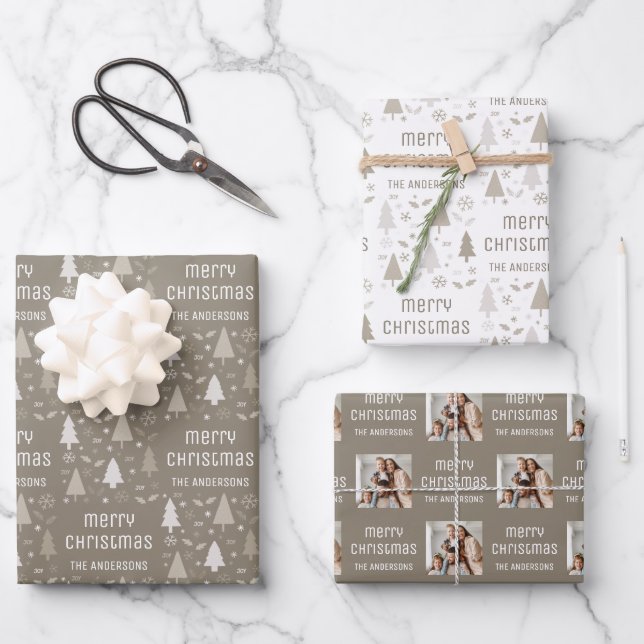 Christmas Custom Photo Family Name Taupe Wrapping Paper Sheets (Front)