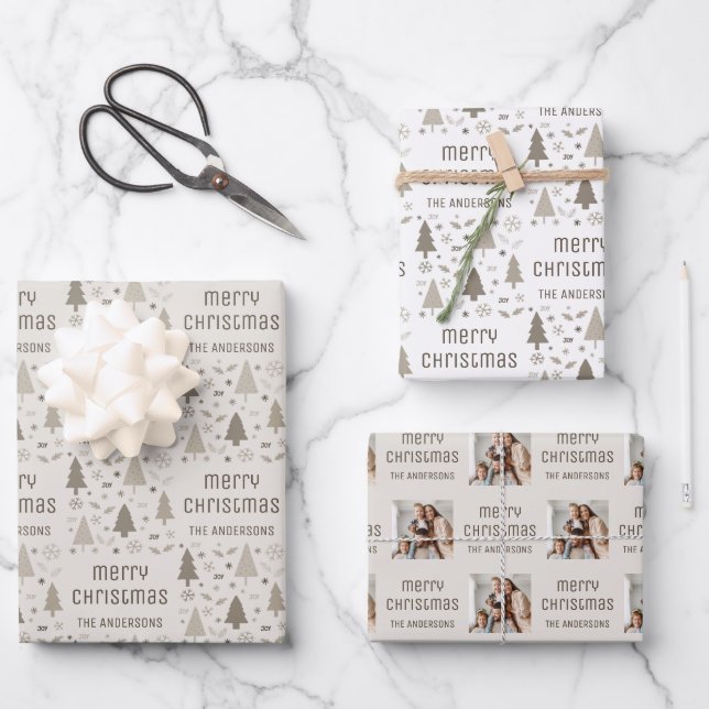 Christmas Custom Photo Family Name Wrapping Paper Sheets (Front)