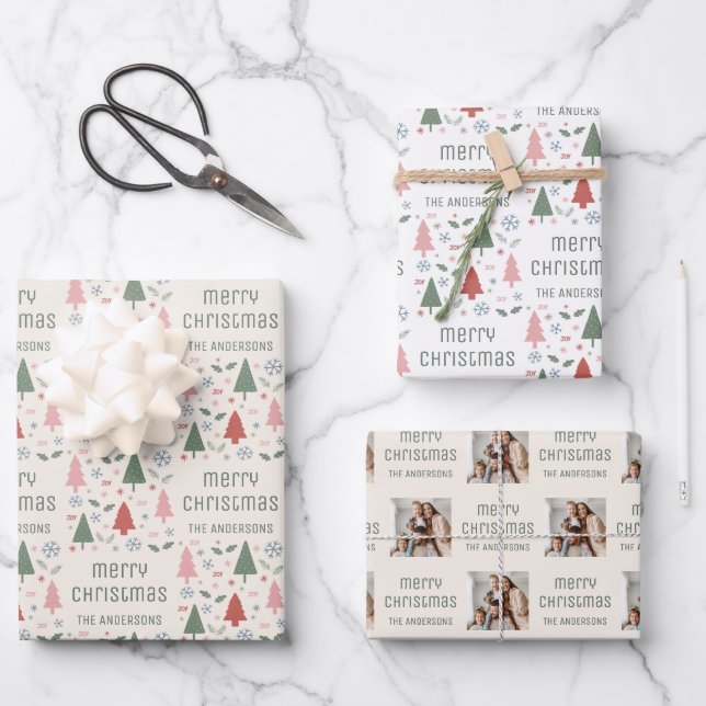 Christmas Custom Photo Family Name Wrapping Paper Sheets (Front)