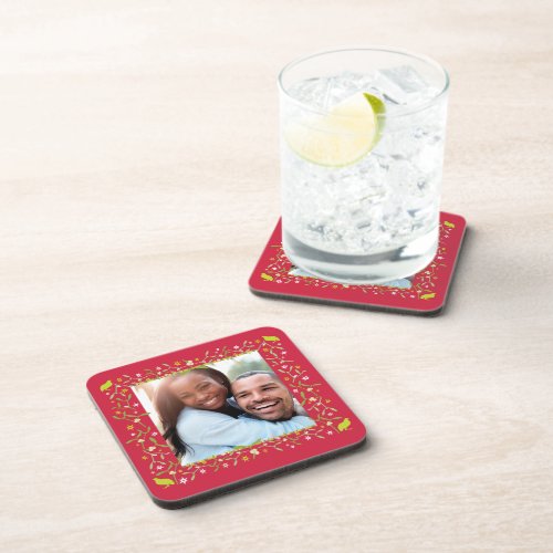 Christmas custom photo red partridge and mistletoe beverage coaster