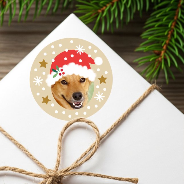 Christmas Custom Photo Santa Hat Funny Beige Classic Round Sticker (Creator Uploaded)