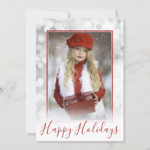 Christmas Custom Photo Silver Red Bokeh Borders Holiday Card