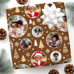Christmas Custom Photo Trees & Snowflakes Brown Wrapping Paper