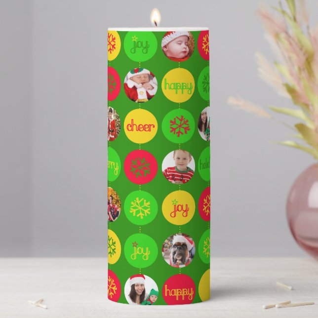 Christmas custom photos baubles green red yellow pillar candle (In Situ)