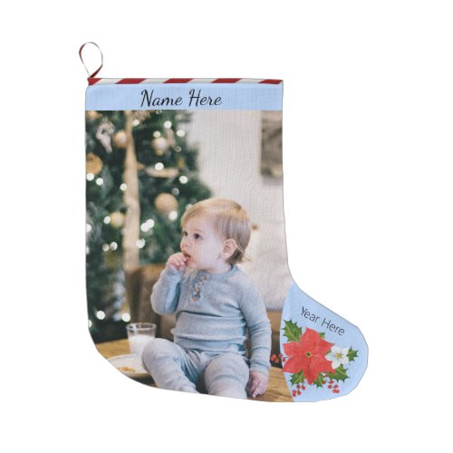 Christmas Custom PicText Poinsettia Floral Stripe Large Christmas Stocking