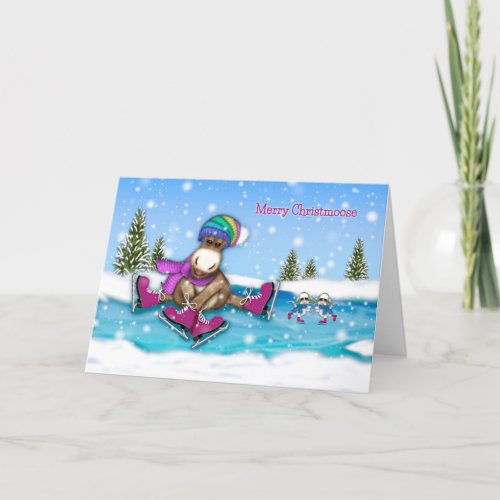 Christmas Customize WAny Name Ice Skating Moose Holiday Card