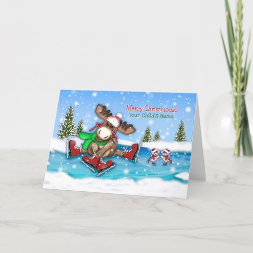 Christmas Customize WAny Name Ice Skating Moose Holiday Card