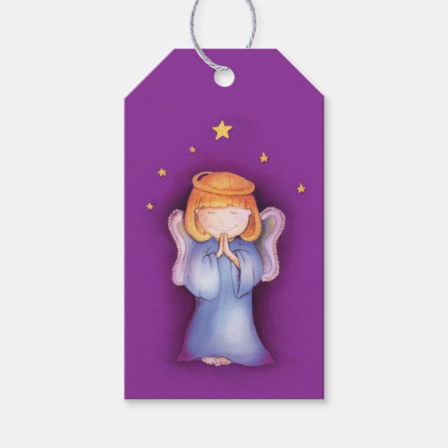 Christmas cute angel girl art purple gift tag (Front)