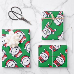 Christmas Cute Angry Bunny in Santa hat 3 arts Wrapping Paper Sheets