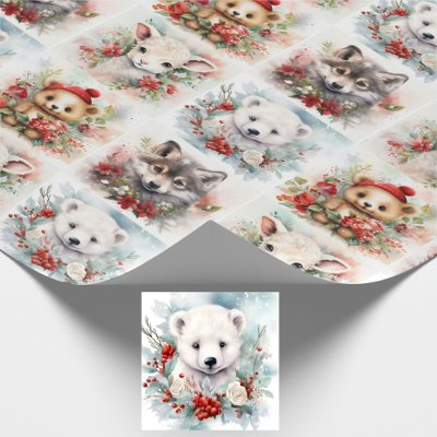 Christmas Cute Baby Animals Polar Bear Lamb Wolf Wrapping Paper