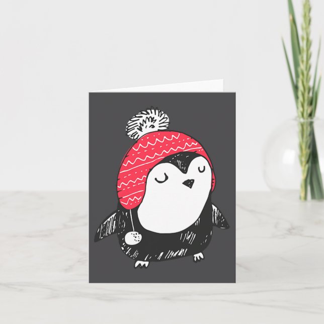 Christmas Cute Baby Penguin Wearing Winter Hat W_e Card (Front)