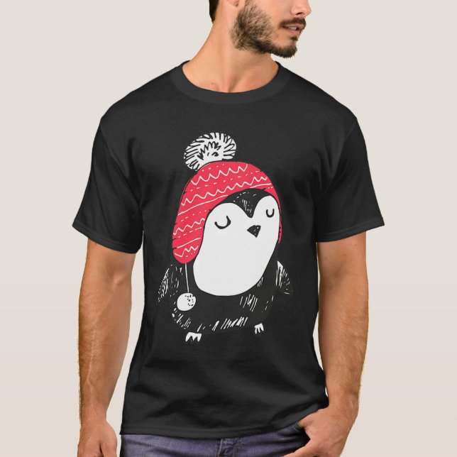 Christmas Cute Baby Penguin Wearing Winter Hat W_e T-Shirt (Front)