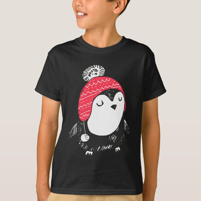 Christmas Cute Baby Penguin Wearing Winter Hat W_e T-Shirt (Front)