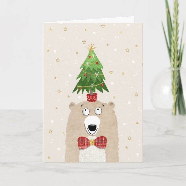 Christmas Cute Bear with Christmas Tree on Head Holiday Card (Front)