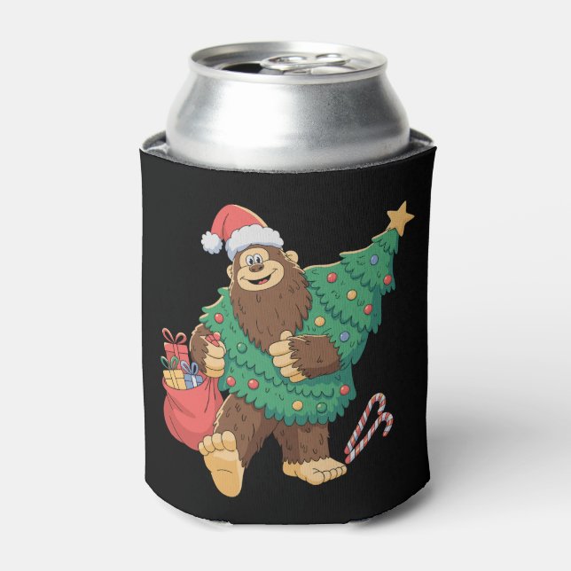 Christmas Cute Bigfoot Sasquatch Xmas Tree Lights Can Cooler (Can Front)