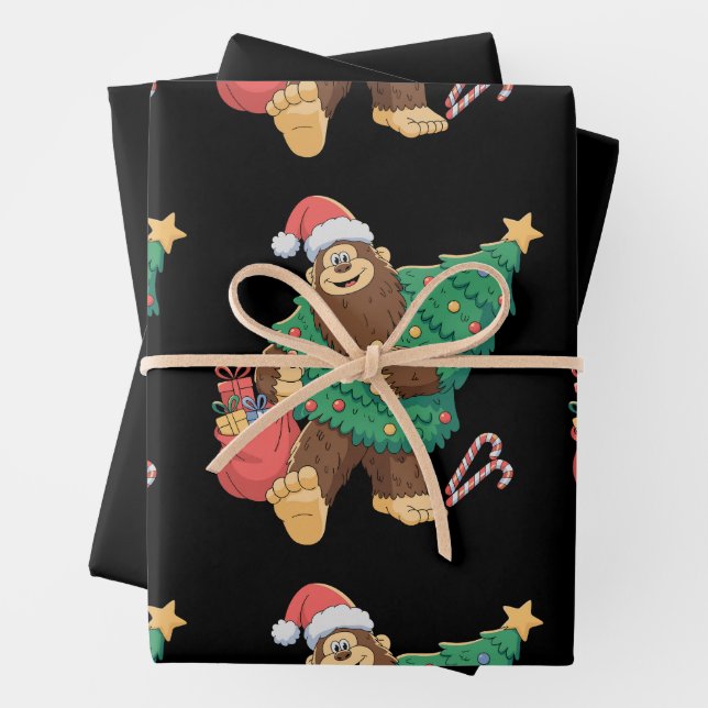 Christmas Cute Bigfoot Sasquatch Xmas Tree Lights Wrapping Paper Sheets (In situ)