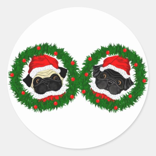 Christmas Cute Black Pug and Fawn Pug Santa Classic Round Sticker