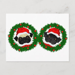 Christmas Cute Black Pug and Fawn Pug Santa Holiday Postcard