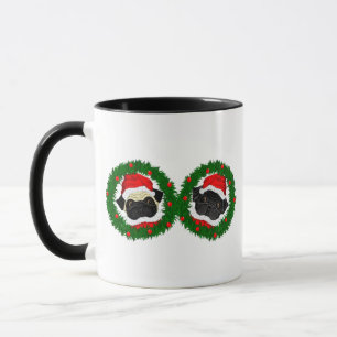 Christmas Cute Black Pug and Fawn Pug Santa Mug