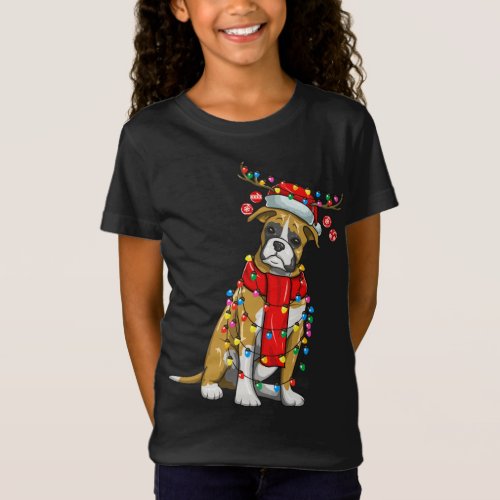 Christmas Cute Boxer Dog Holiday Lights With Antle T_Shirt