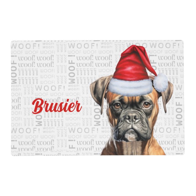 Christmas Cute Boxer Santa Dog's Name Pet Dinner Placemat (Front)