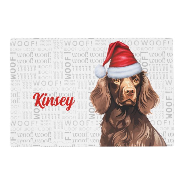 Christmas Cute Boykin Spanie Dog's Name Pet Dinner Placemat (Front)