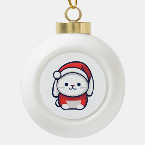 Christmas Cute Bunny in Santa hat Ceramic Ball Christmas Ornament