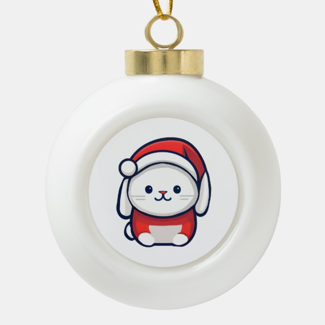 Christmas Cute Bunny in Santa hat Ceramic Ball Christmas Ornament (Front)