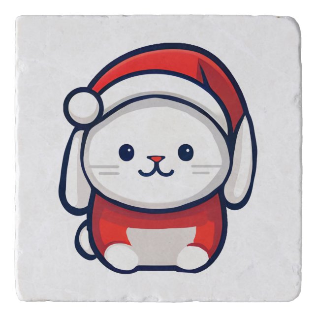 Christmas Cute Bunny in Santa hat Trivet (Front)