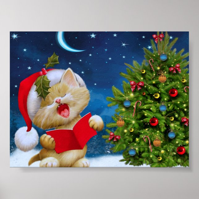 Christmas Cute Carol Kitten Santa Hat Tree Holiday Poster (Front)