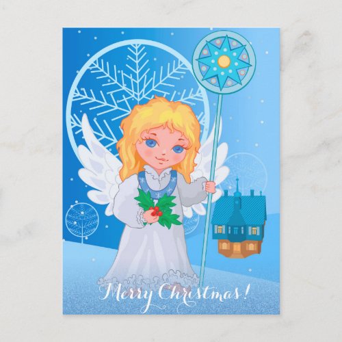 Christmas cute cartoon angel with blue star staff holiday postcard