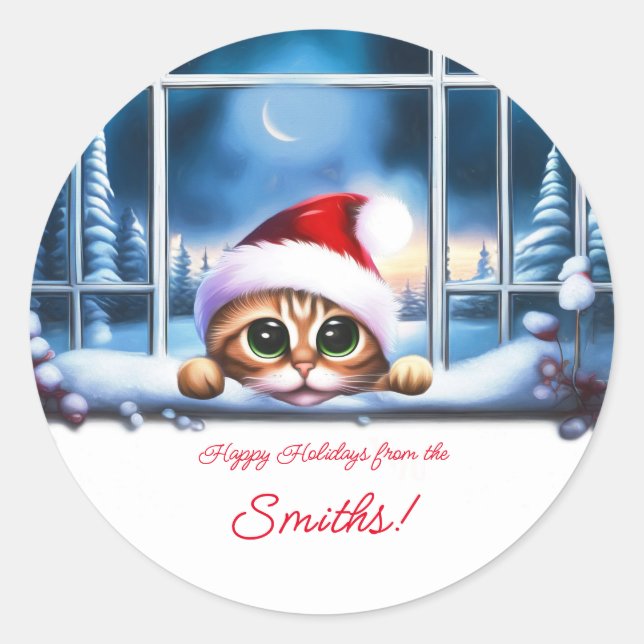 Christmas Cute Cat Happy Holidays From Classic Round Sticker (Front)