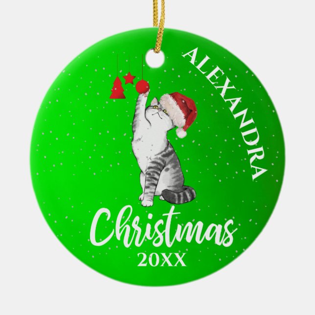 Christmas Cute Cat Santa Hat Green Kids  Ceramic Ornament (Front)