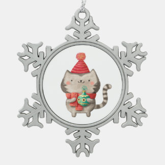 Christmas Cute Cat Snowflake Pewter Christmas Ornament