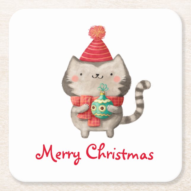 Christmas Cute Cat Square Paper Coaster (Front)