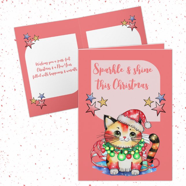 Christmas cute cat stars pink holiday card (Creator Uploaded)